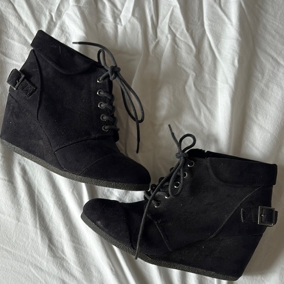 Call It Spring Black Suede Wedge Booties | Ankle Lace-Up Buckle Detail Size 6 - Picture 1 of 7
